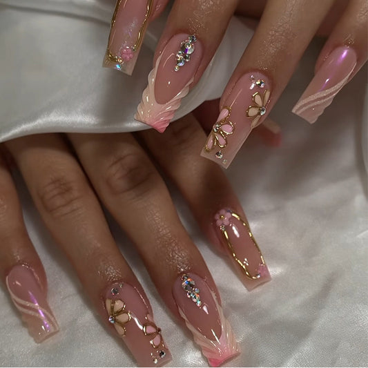 Blossoming Elegance Long Coffin Beige Color with Glittering Floral Accents
