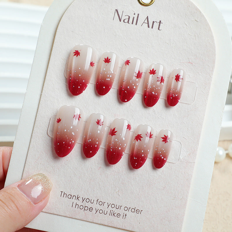 Autumn Inspired Medium Oval Red Gradient with Maple Leaf Design Press On Nail Set