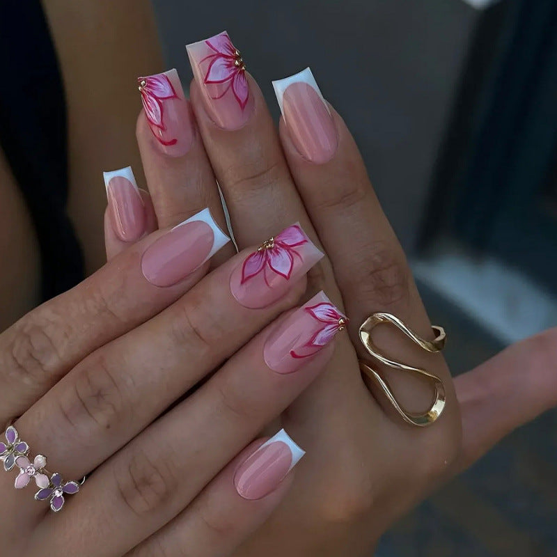 Floral Elegance Medium Square Pink with Artistic Flower Design Nail Set