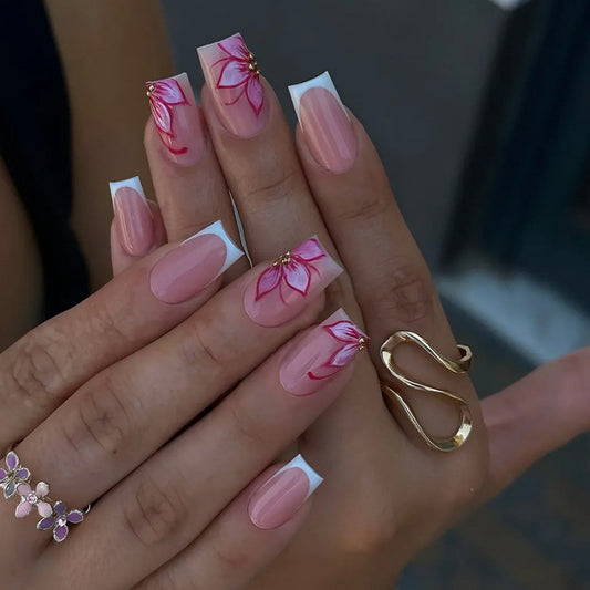 Floral Elegance Medium Square Pink with Artistic Flower Design Nail Set