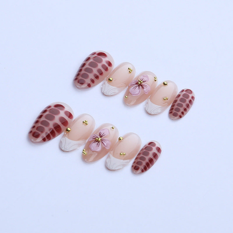 Elegant Safari Vibes Short Almond Red Patterned Press On Nail Set with Floral Accents