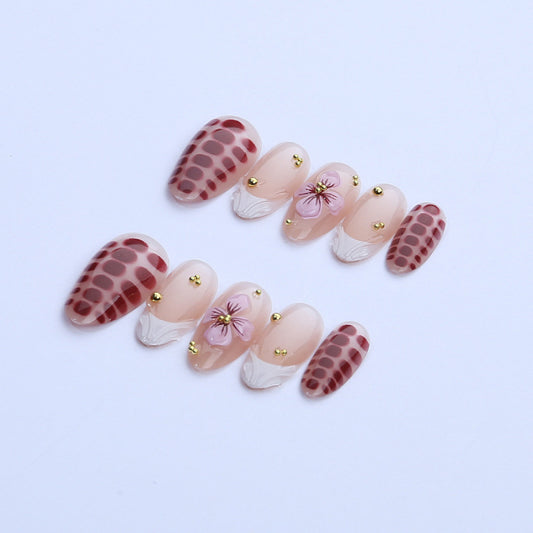 Elegant Safari Vibes Short Almond Red Patterned Press On Nail Set with Floral Accents