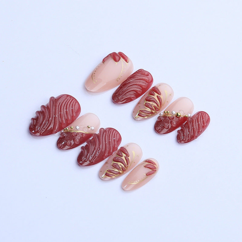 Glamorous Elegance Medium Almond Red with Intricate Design Press On Nail Set