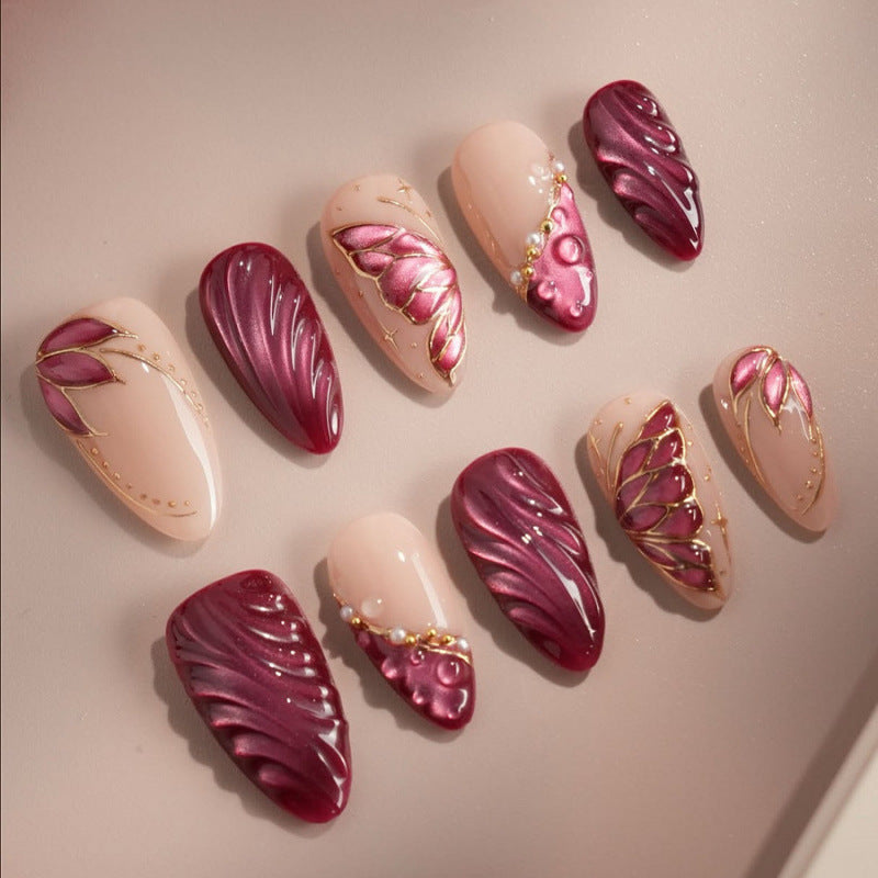 Elegant Floral Medium Almond Burgundy with Exquisite Leaf Design Nail Set