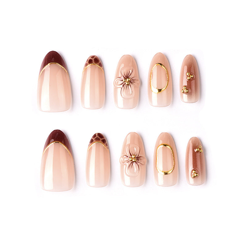Bohemian Elegance Long Almond Beige Nails with Floral Accents