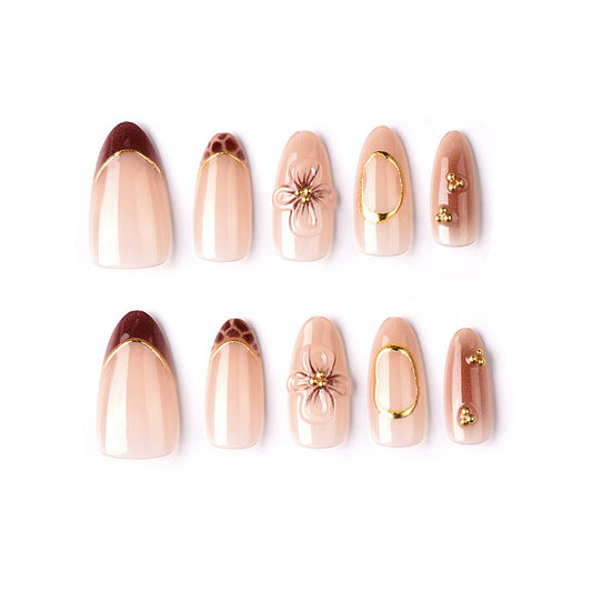 Bohemian Elegance Long Almond Beige Nails with Floral Accents