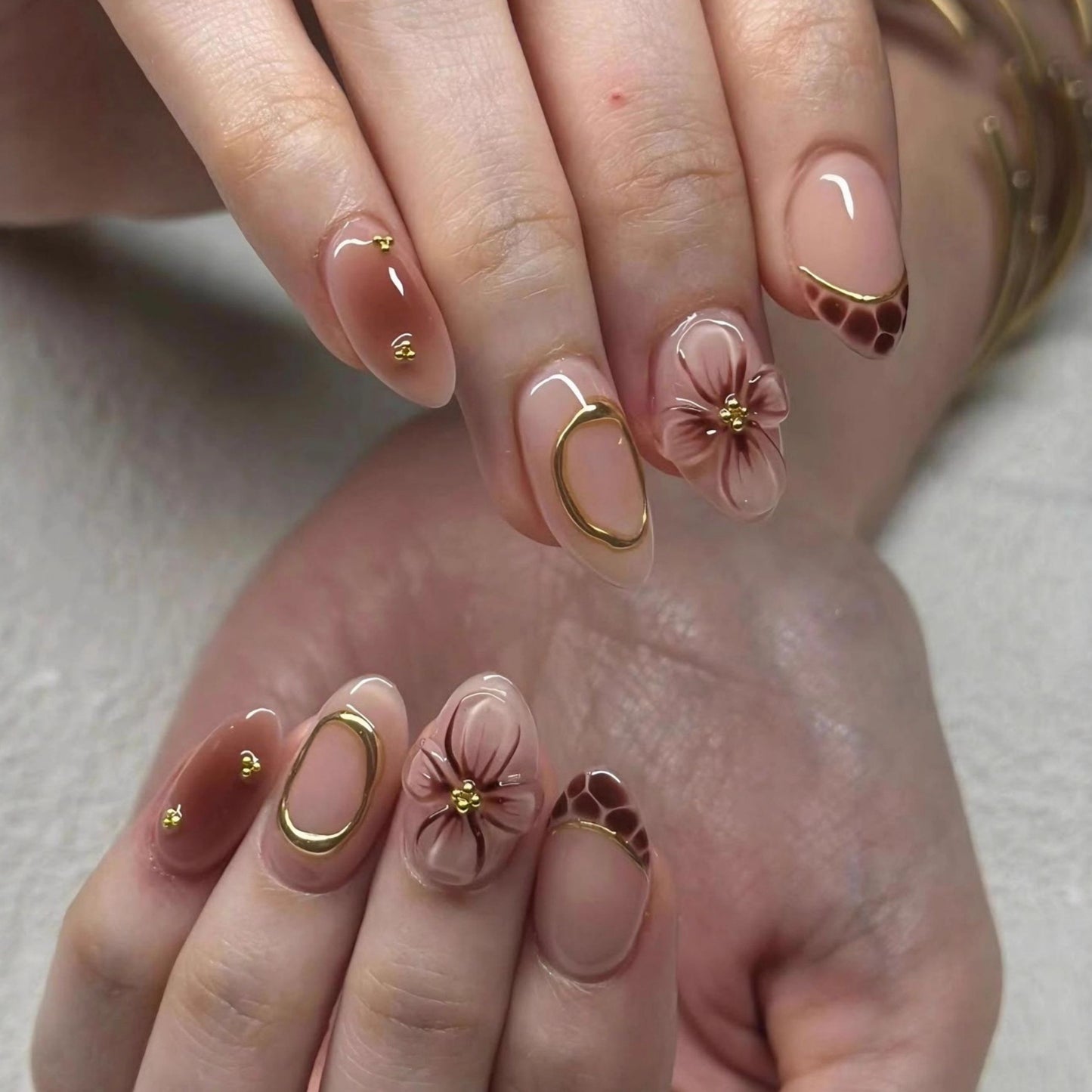Floral Elegance Long Almond Beige Press On Nail Set with Gold Accents