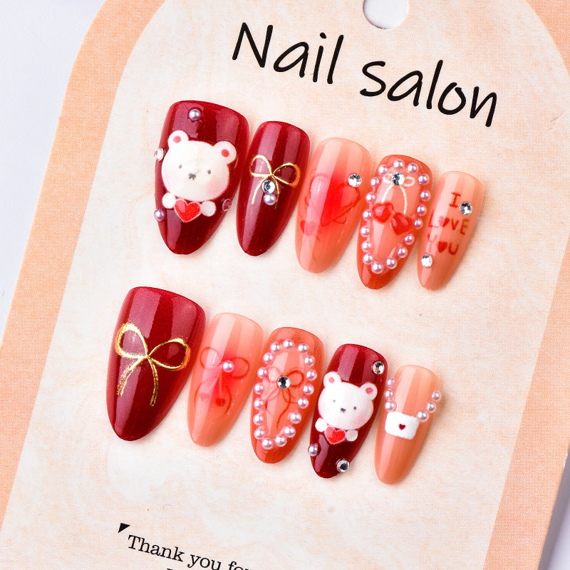 Charming Valentine Medium Almond Red with Adorable Bear Accent Press on Nail Set