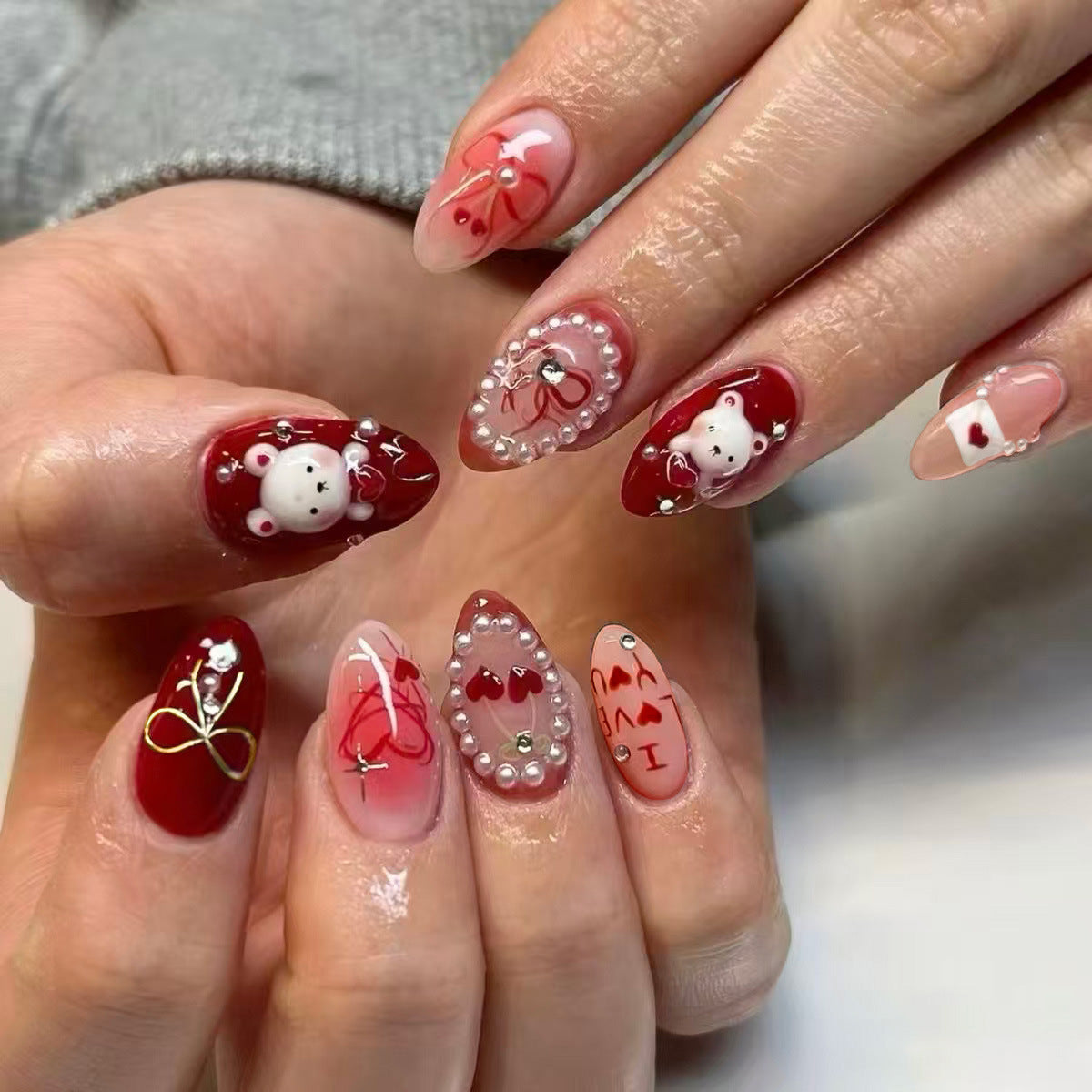 Charming Romance Medium Almond Deep Red with Bear and Pearl Accents Press on Nail Set