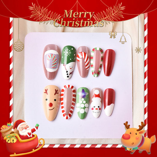 Festive Long Almond Red and Green Christmas Themed Press on Nail Set