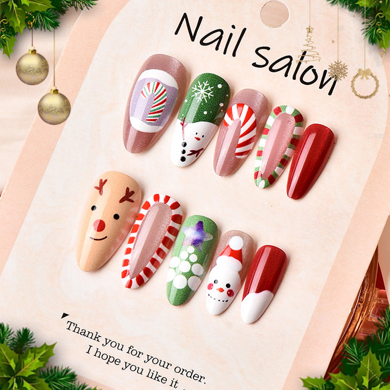Festive Medium Almond Red and Green Holiday Nail Set with Unique Christmas Character Designs