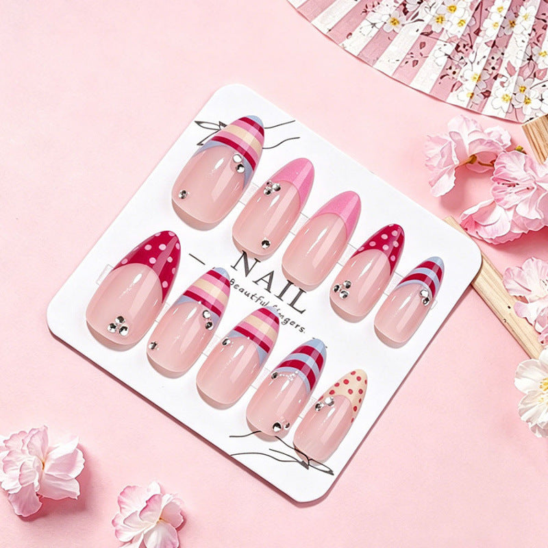 Charming Blossoms Long Almond Pink Striped Press On Nail Set with Rhinestones
