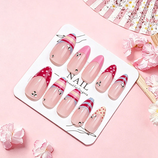 Charming Blossoms Long Almond Pink Striped Press On Nail Set with Rhinestones