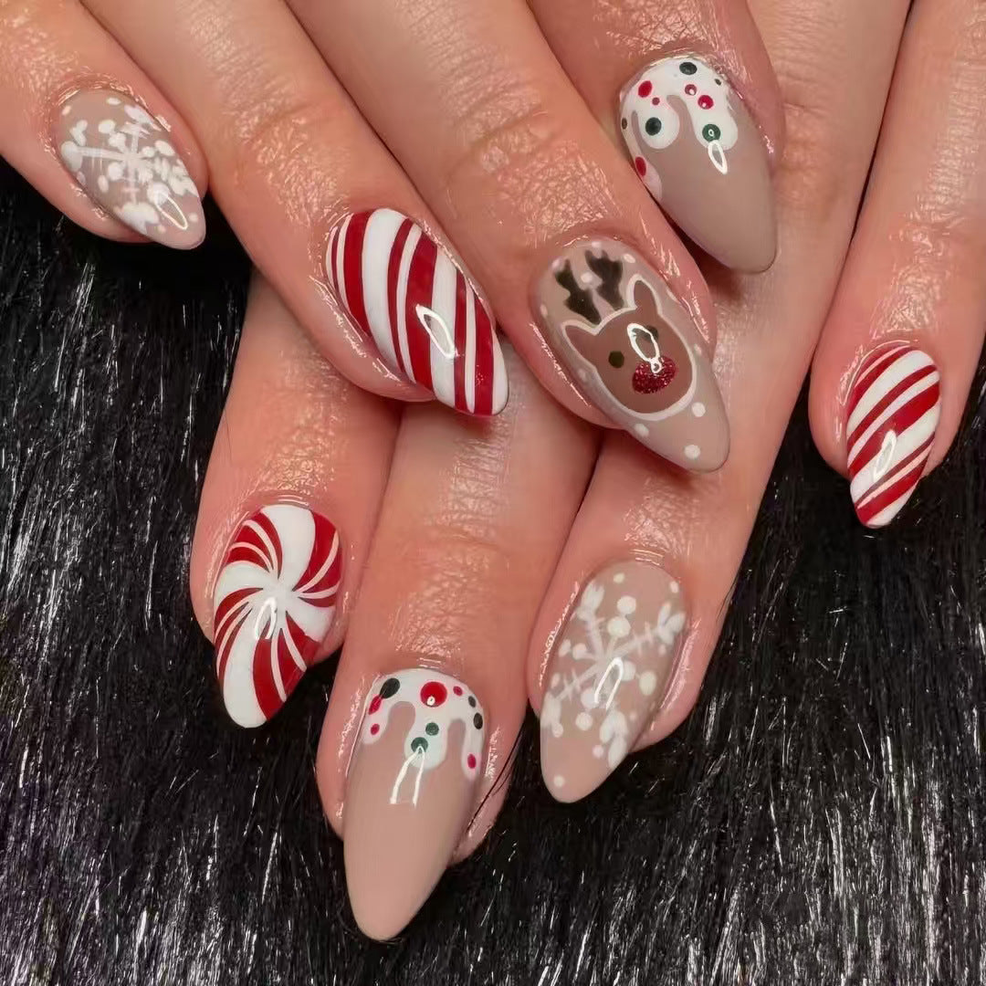 Festive Charm Long Almond Rustic Holiday Nail Set with Cute Reindeer Design