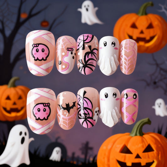 Spooky Short Round Pink Ghost and Pumpkin Themed Nail Set