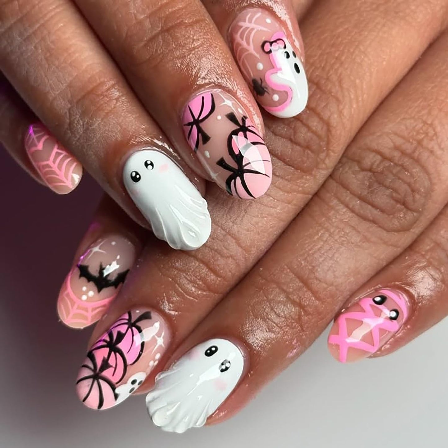 Spooky Charm Short Round Pink Ghost Nail Set with Whimsical Spider Design
