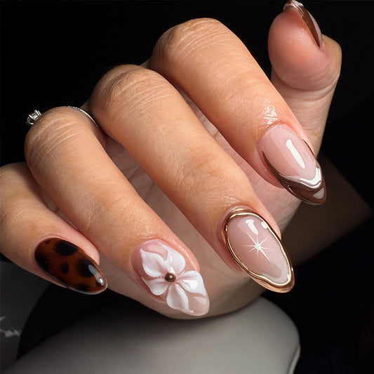 Elegant Floral Dream Long Oval Chocolate Brown with Unique Embellishments Nail Set
