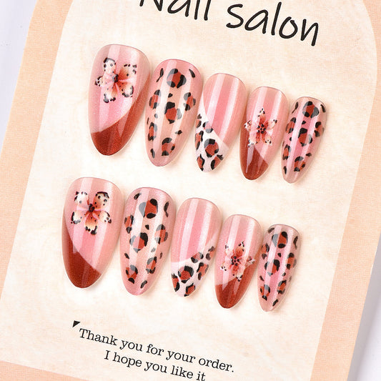 Wildflower Dream Medium Almond Pink with Floral and Leopard Design Press On Nail Set