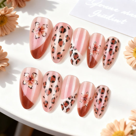 Floral Safari Medium Almond Pink Press On Nail Set with Leopard Print Accents