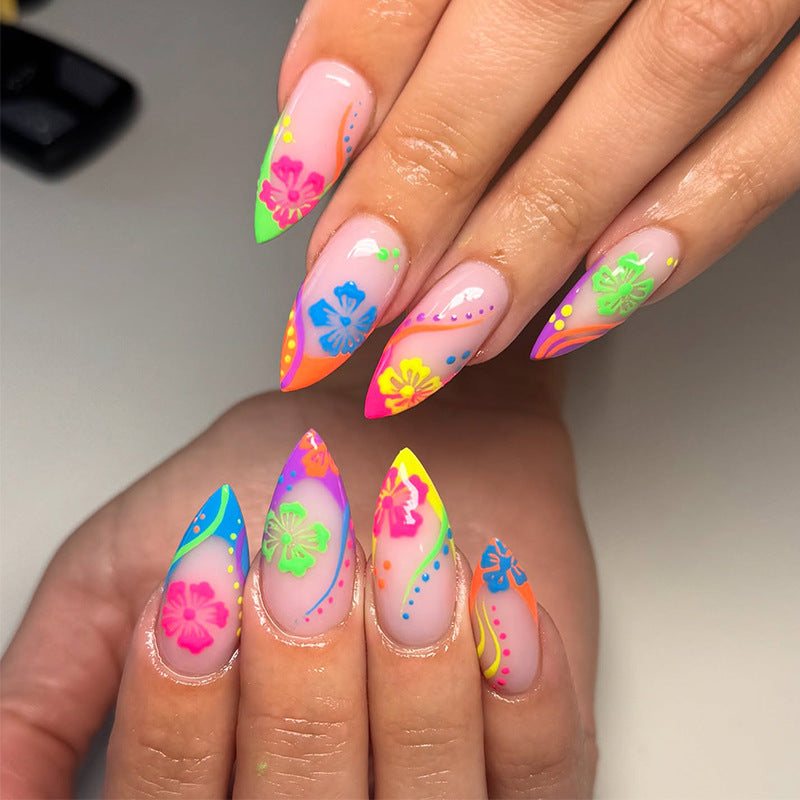 Tropical Vibes Long Stiletto Neon Floral Press On Nail Set