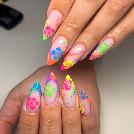 Tropical Vibes Long Stiletto Neon Floral Press On Nail Set