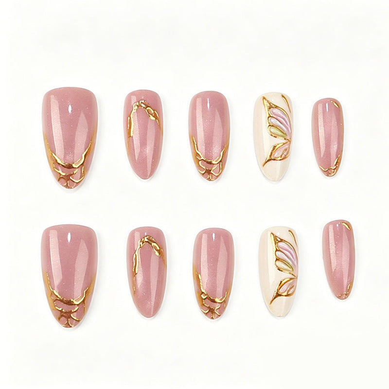 Elegant Floral Dream Medium Almond Pink with Gold Accents Press-On Nail Set