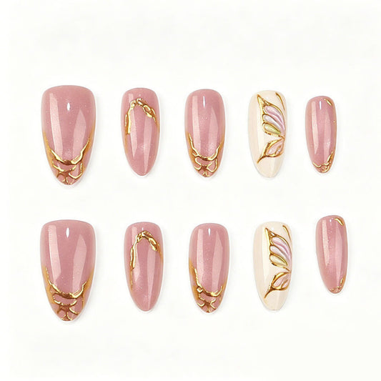 Elegant Floral Dream Medium Almond Pink with Gold Accents Press-On Nail Set