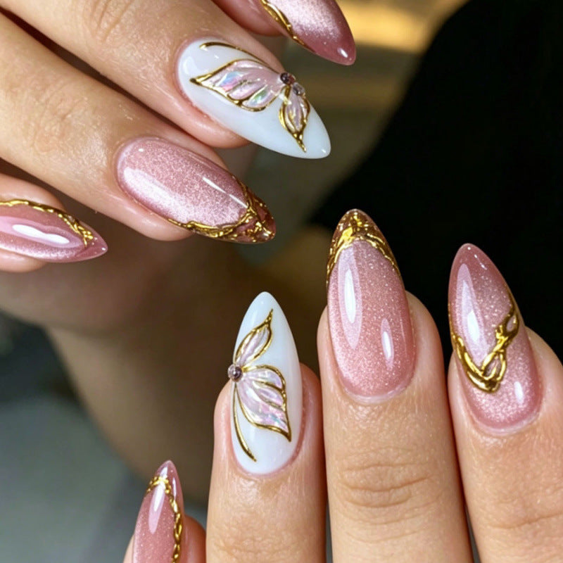 Elegant Floral Design Medium Almond Pink and White Press On Nail Set with Gold Accents