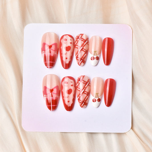 Charming Winter Wonderland Long Almond Red with Festive Cherry Design Press On Nail Set