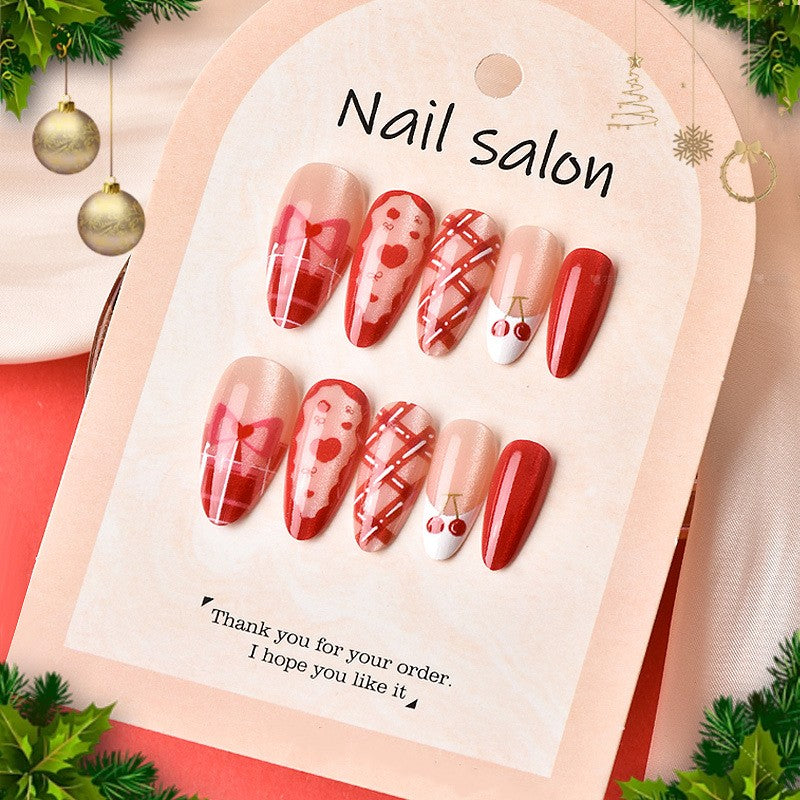 Festive Long Almond Red Press on Nail Set with Chic Heart and Cherry Designs
