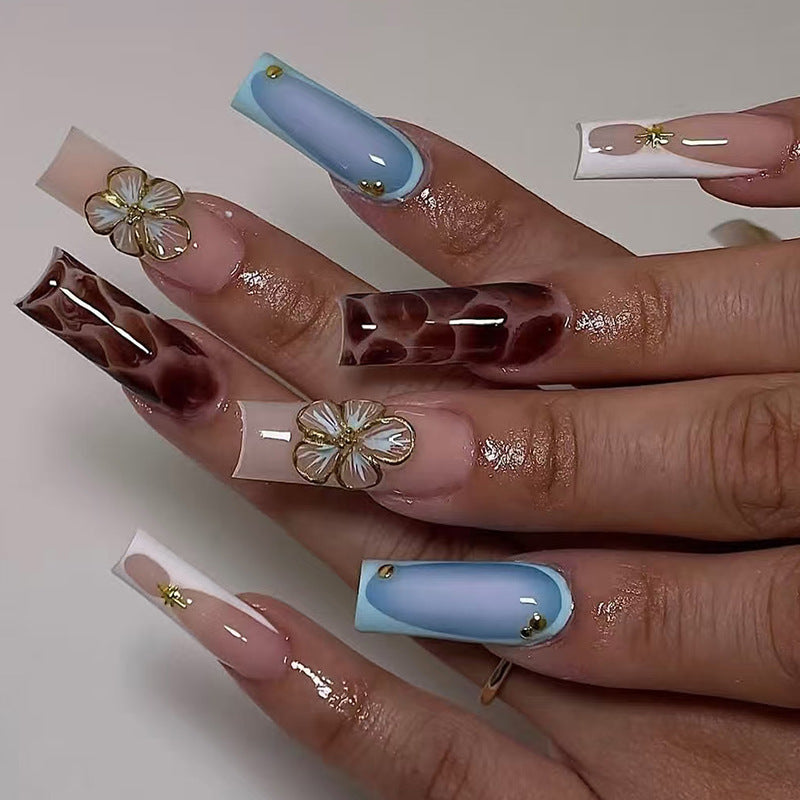 Bohemian Elegance Long Square Blue and Brown Floral Press On Nail Set