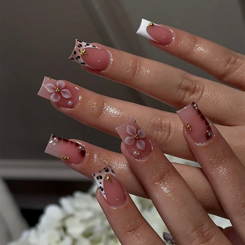 Elegant Floral Short Square Pink with Gold Accents Press On Nail Set