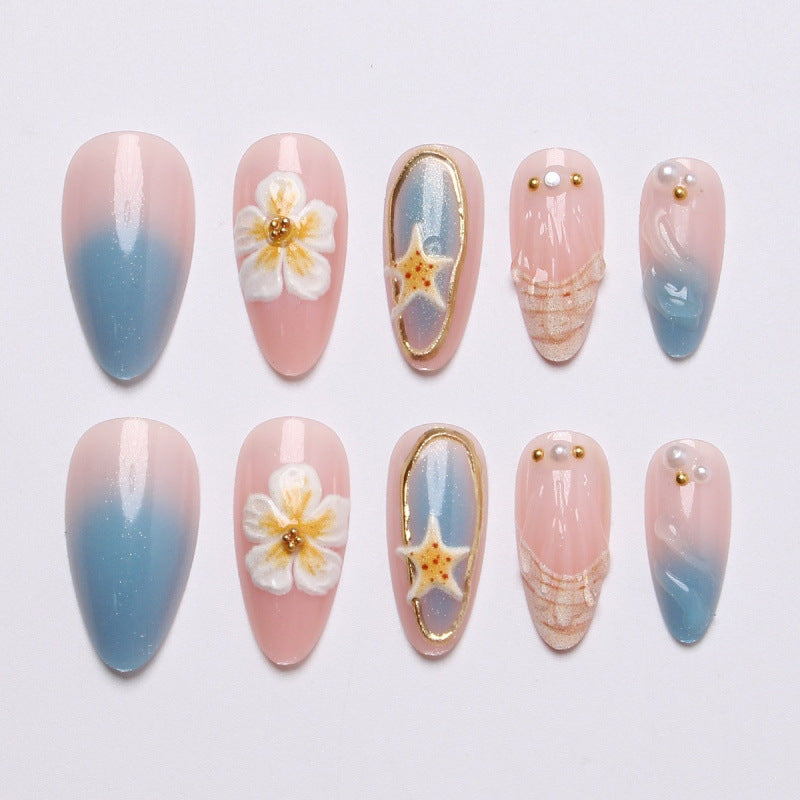 Tropical Bliss Long Almond Blue Ombre with Floral Accents Press On Nail Set
