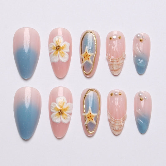 Tropical Bliss Long Almond Blue Ombre with Floral Accents Press On Nail Set