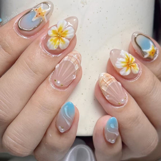 Tropical Paradise Short Almond Blue with Floral Accents Press On Nail Set