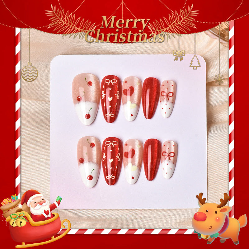 Merry Christmas Medium Almond Red with Festive Patterns Press On Nail Set