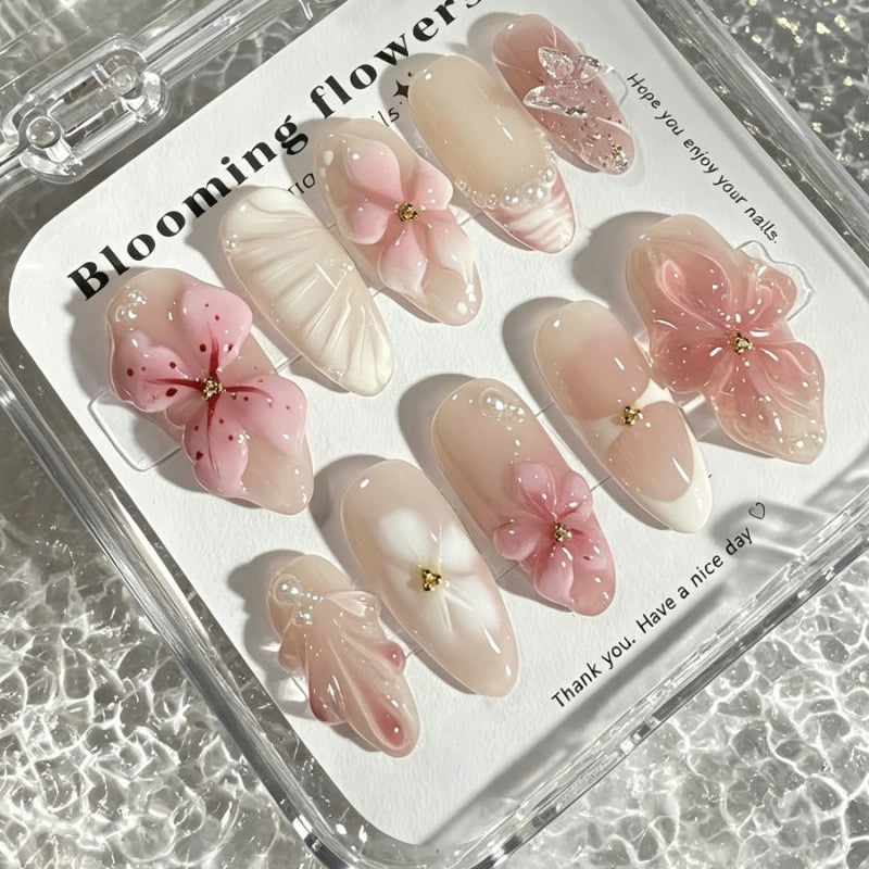 Blooming Floral Elegance Short Almond Pink with Delightful 3D Flower Accents