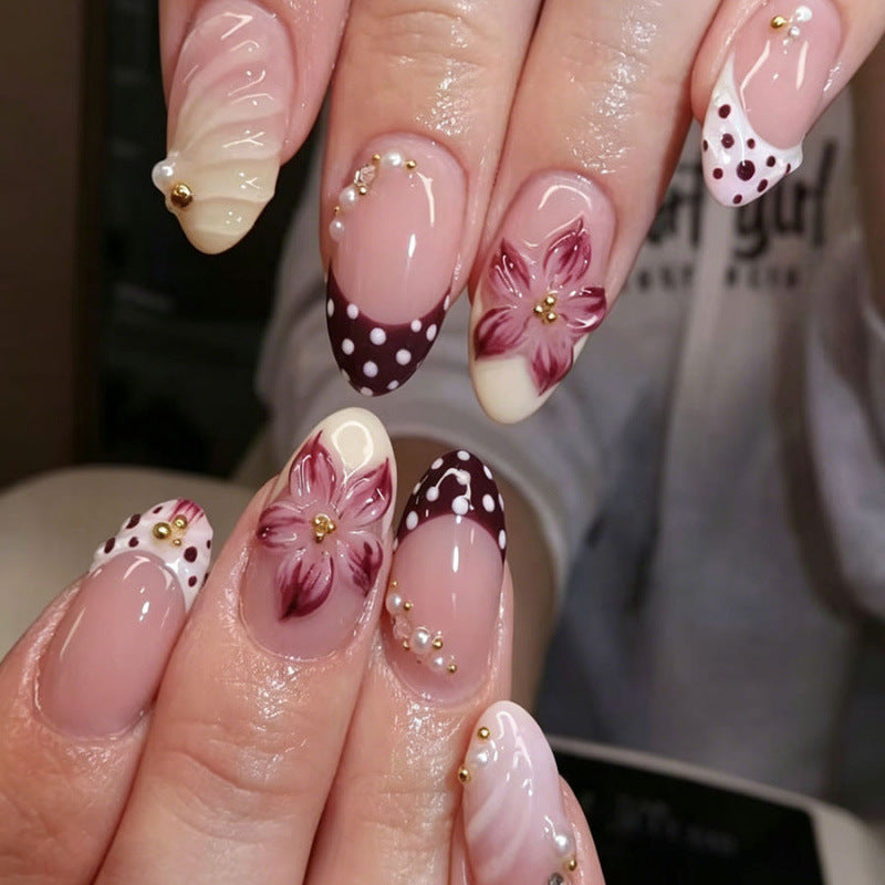 Enchanted Floral Medium Almond Cream and Burgundy Design Press on Nail Set