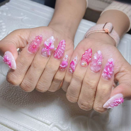 Ocean Breeze Long Stiletto Pink Floral Nail Set with Unique Textured Design
