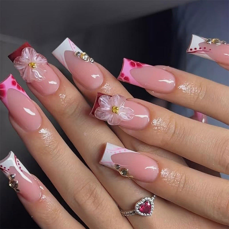 Blossom Elegance Medium Square Pink with Floral and Rhinestone Accents Press On Nail Set