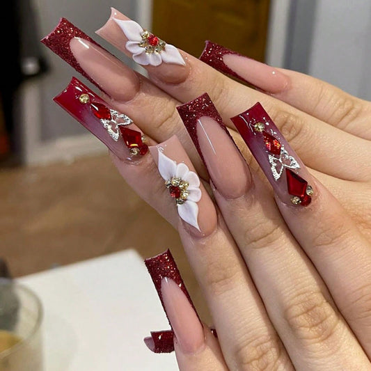 Elegant Winter Wonderland Long Square Red Glitter with Floral Accent Press On Nail Set