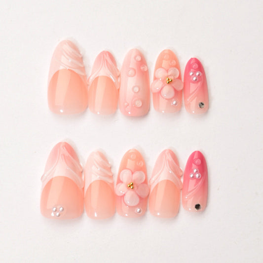 Blossoming Beauty Medium Oval Pink Press On Nail Set with Floral Accents