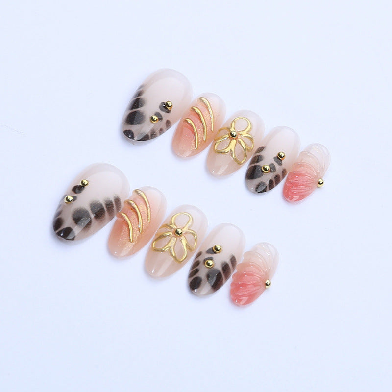 Elegance in Bloom Short Almond Blush with Golden Floral Accents Press-On Nail Set