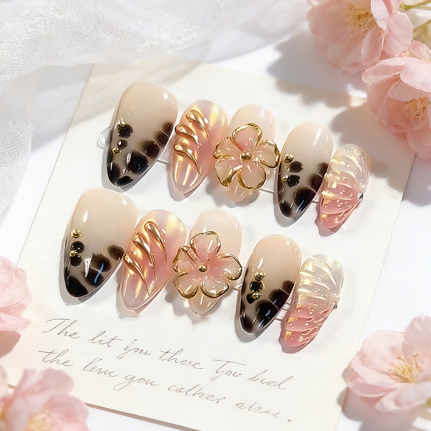 Elegant Blossom Short Almond Beige with Gold Floral Accents Press On Nail Set