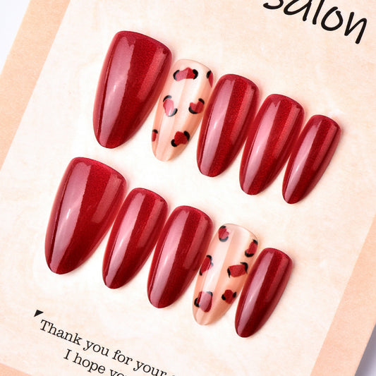 Glamorous Elegance Long Stiletto Deep Red with Stunning Animal Print Accent Press On Nail Set