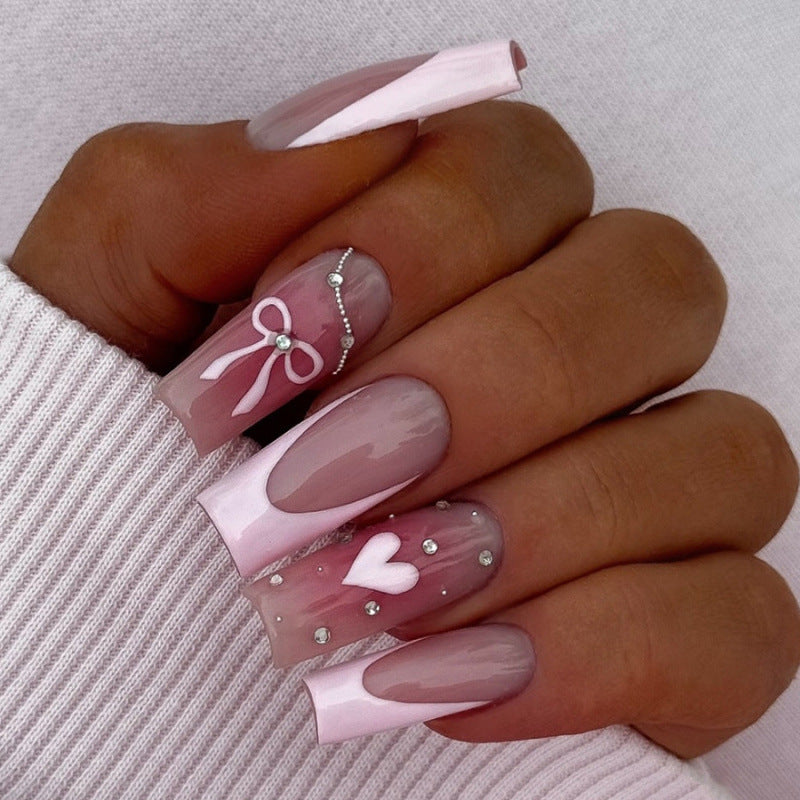 Charming Ribbon Long Square Blush Press On Nail Set with Rhinestone Accents