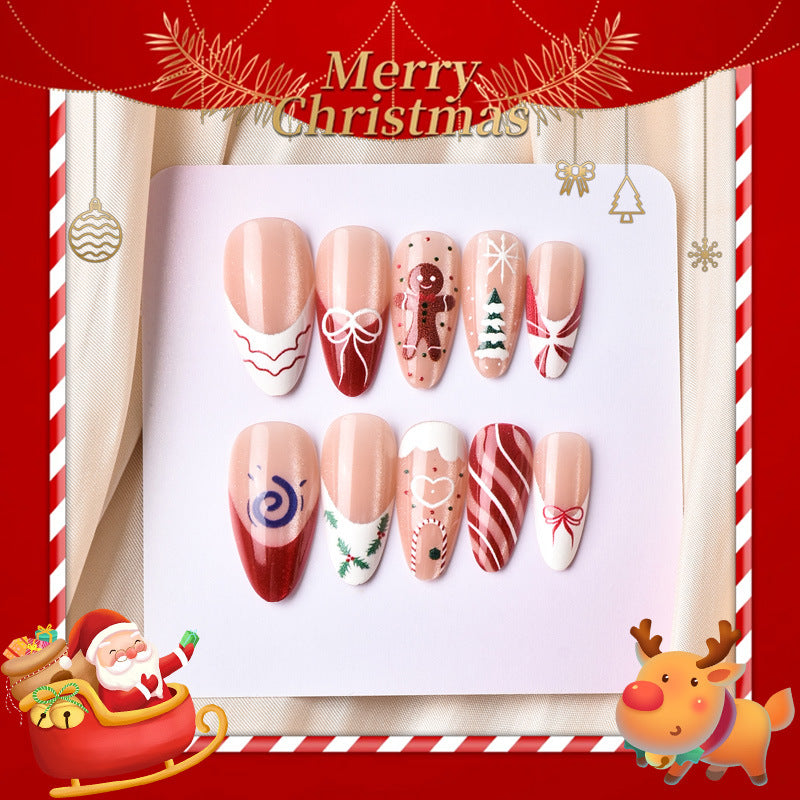 Festive Vibes Short Almond Red and White Gingerbread Pattern Press On Nail Set