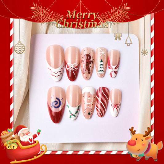 Festive Vibes Short Almond Red and White Gingerbread Pattern Press On Nail Set