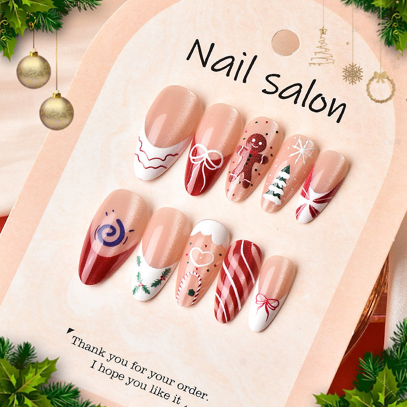 Festive Short Almond Red and White Christmas Themed Press On Nail Set