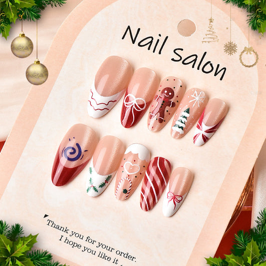 Festive Short Almond Red and White Christmas Themed Press On Nail Set